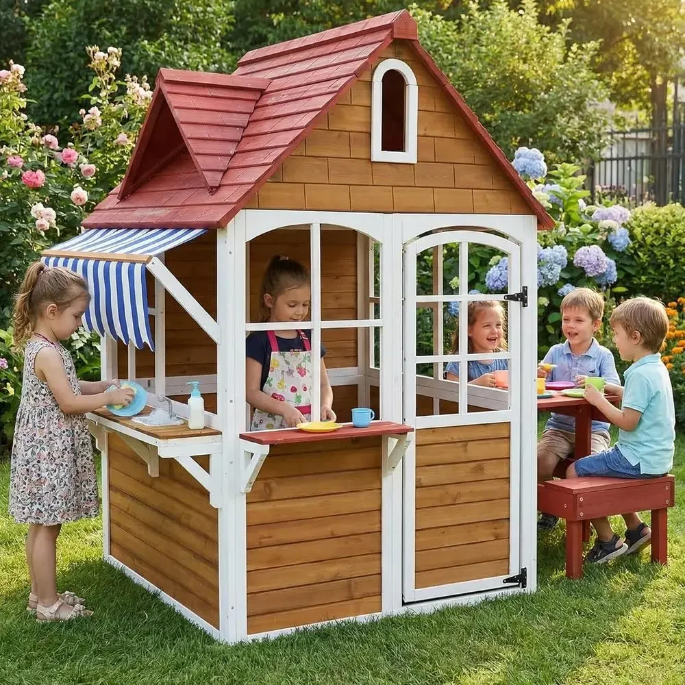 Kids Outdoor Bench Table - 대형 원목 야외 어린이 놀이집 (싱크대