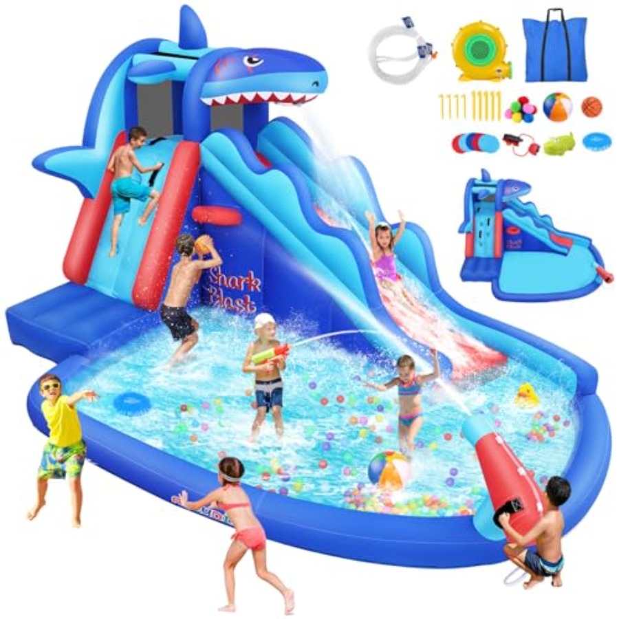 Kids Outdoor Water Slide - 야외/실내용 어린이용(3~12세) 상어 테마 파란색과 노란색