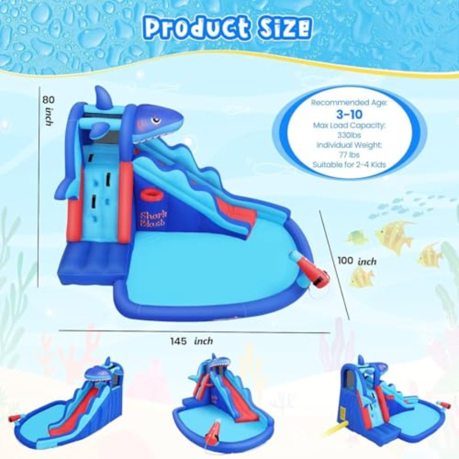 야외/실내용 어린이용(3~12세) 상어 테마 파란색과  - Kids Outdoor Water Slide 리뷰 및 가격