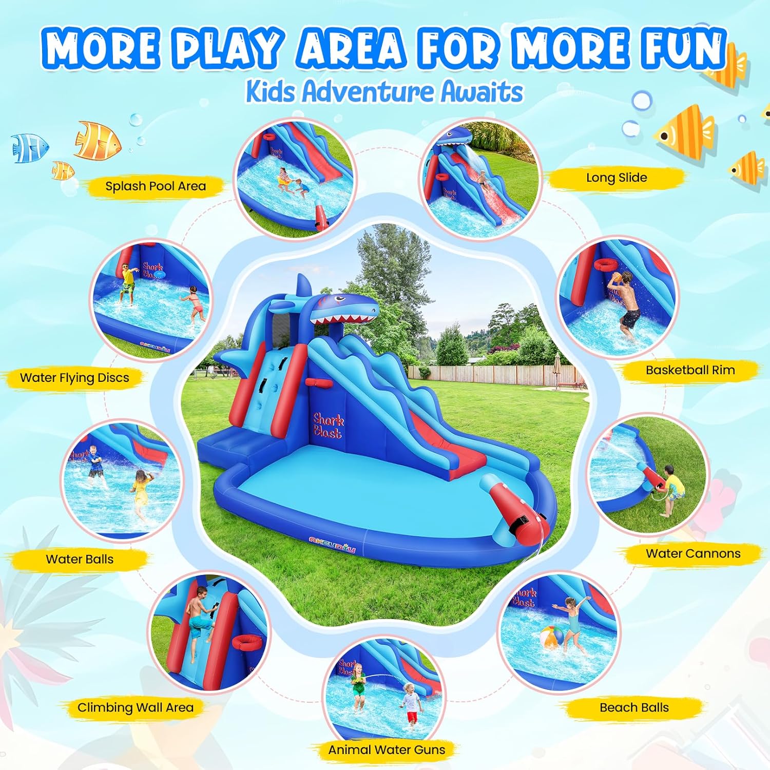 어린이용 상어 테마 에어바운스 워터파크: 야외용 에어  - Kids Outdoor Water Slide 리뷰 및 가격